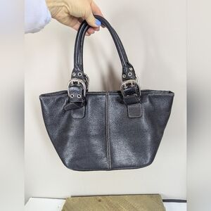 Tignanello Black Pebbled Leather Satchel | Structured Shoulder Bag | Silver Hard